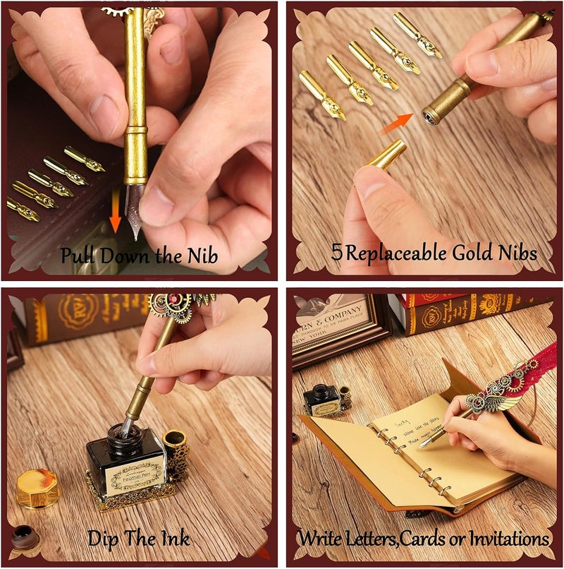 GrnVibe Feather Quill Pen and Ink Set,Antique Calligraphy Set with Leather Journal Notebook,Feather Pen,5 Gold Nibs,Pen Holder,Ink,Calligraphy Kits for Beginners Christmas Gift - Image 4